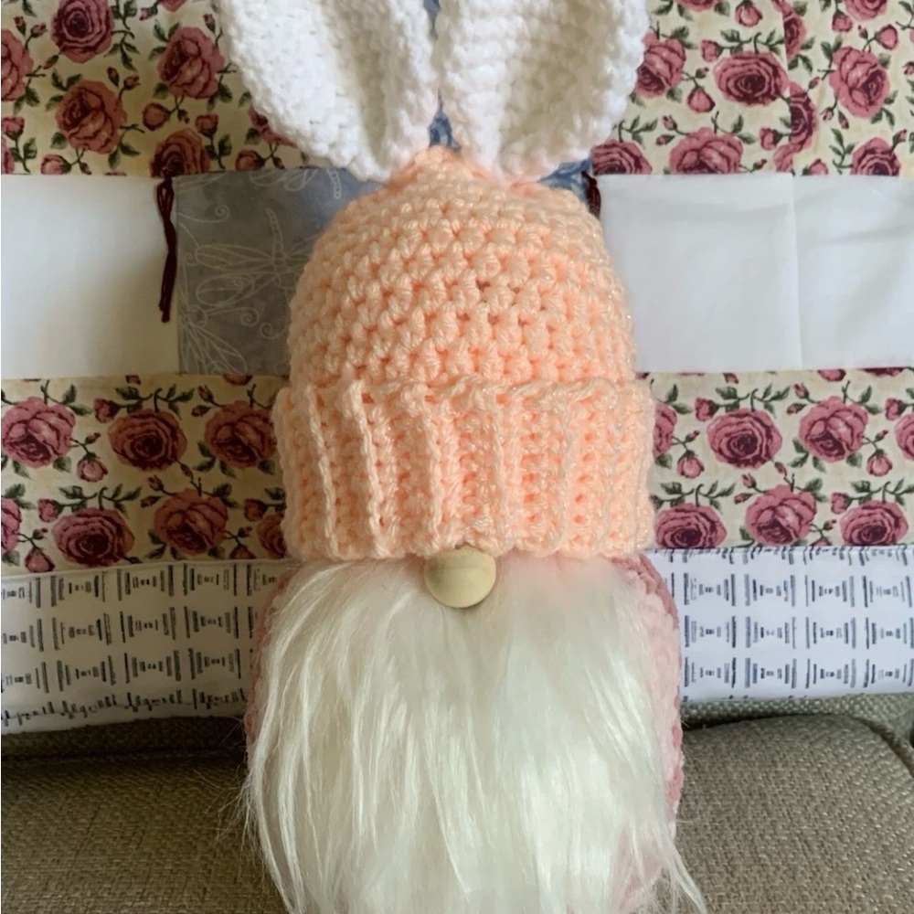 Peach and White Crochet Gnome with Bunny Ears Handmade by Me